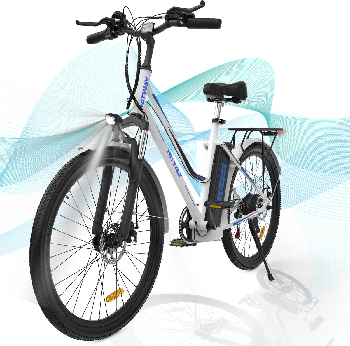 Hitway elektrische fiets 26"" met 36V 11.2Ah batterij 250W motor 25km h en elektrische fietsbereik 35 90km voor mannen en vrouwen| Wit Blauw