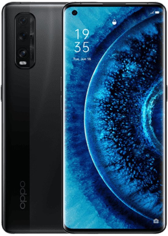 Zwarte OPPO Find X2 5G smartphone met dubbele camera aan de achterzijde en een groot scherm met de tijd '19:35'.