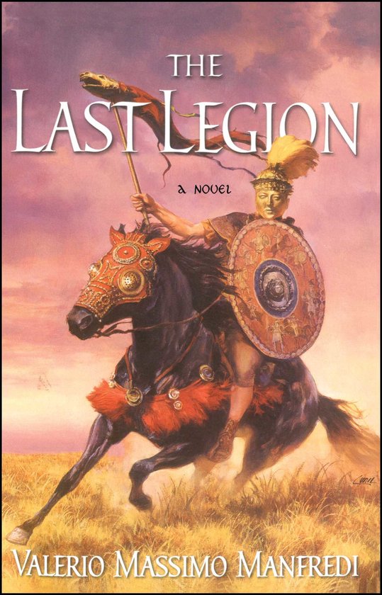 Een Romeinse soldaat te paard, met helm en schild, voor 'The Last Legion' door Valerio Massimo Manfredi.