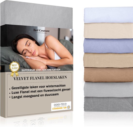 Bed Couture Velvet Flanel Hoeslaken - 100%  Gekamd Katoen - Hoge Hoek 30cm - Eenpersoons 100x200 cm -  Warm Grijs