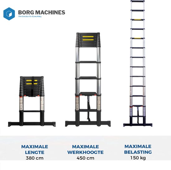 Drie zwarte telescopische ladders in verschillende lengtes, van ingeklapt tot volledig uitgeschoven