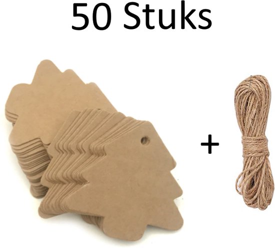 FISKA - 50x Cadeaulabels Kerst Boom Bruin - Cadeaulabels Kerstboom - kraftpapier/karton - 5,5cm x 5,5cm - Cadeau tags/etiketten - Label Kerst - Cadeau versieringen/decoratie - Kerstboom - Boom - Labels Karton