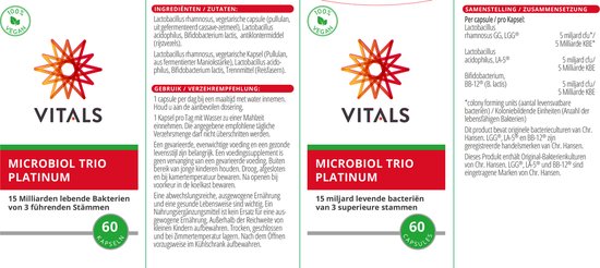 Vitals Microbiol Trio Platinum - 60 capsules - Biotica. 15 miljard levende bacteriën van 3 superieure stammen per capsule.