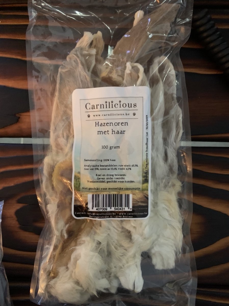 Carnilicious Hazenorenoren met naam-Hondensnack-100 gram