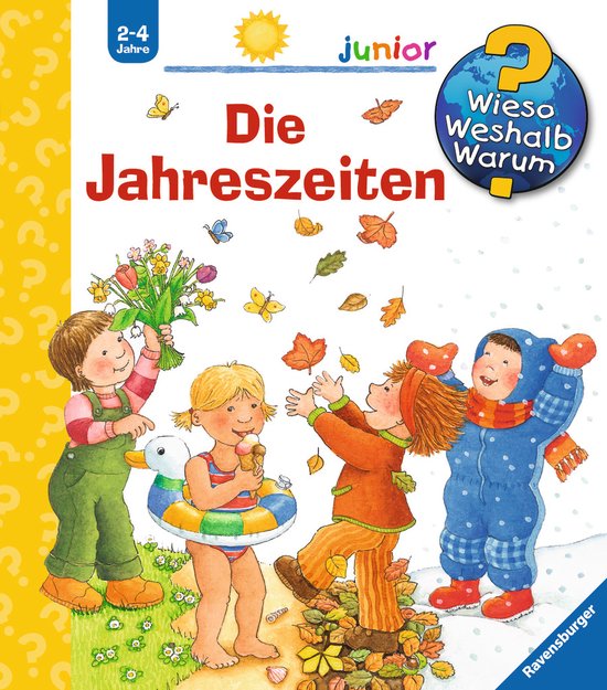 Kinderen in seizoenskleding: lentegroen, zwemkleding, herfstkleuren en een sneeuwpak.