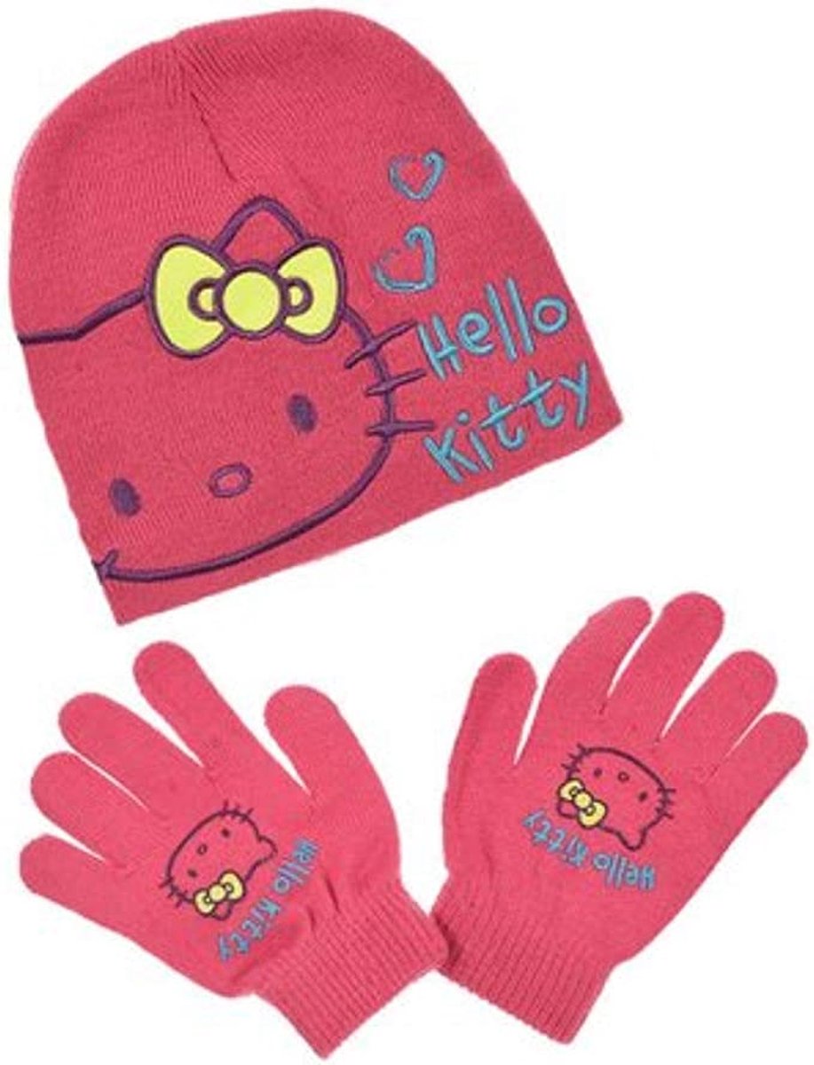 Hello Kitty Winterset | 2-delig | Muts & Handschoenen | Fuchsia | 52 cm