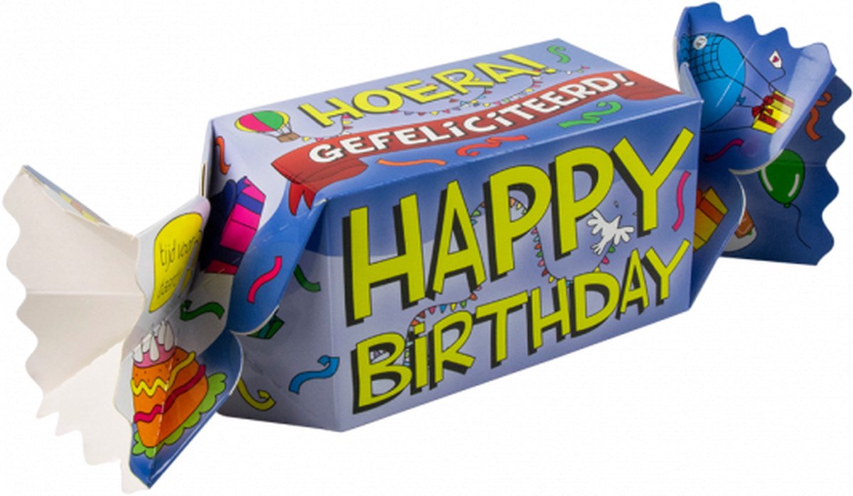 Snoeptoffee - Happy Birthday - Gevuld met luxe verpakte toffees - In cadeauverpakking met gekleurd lint