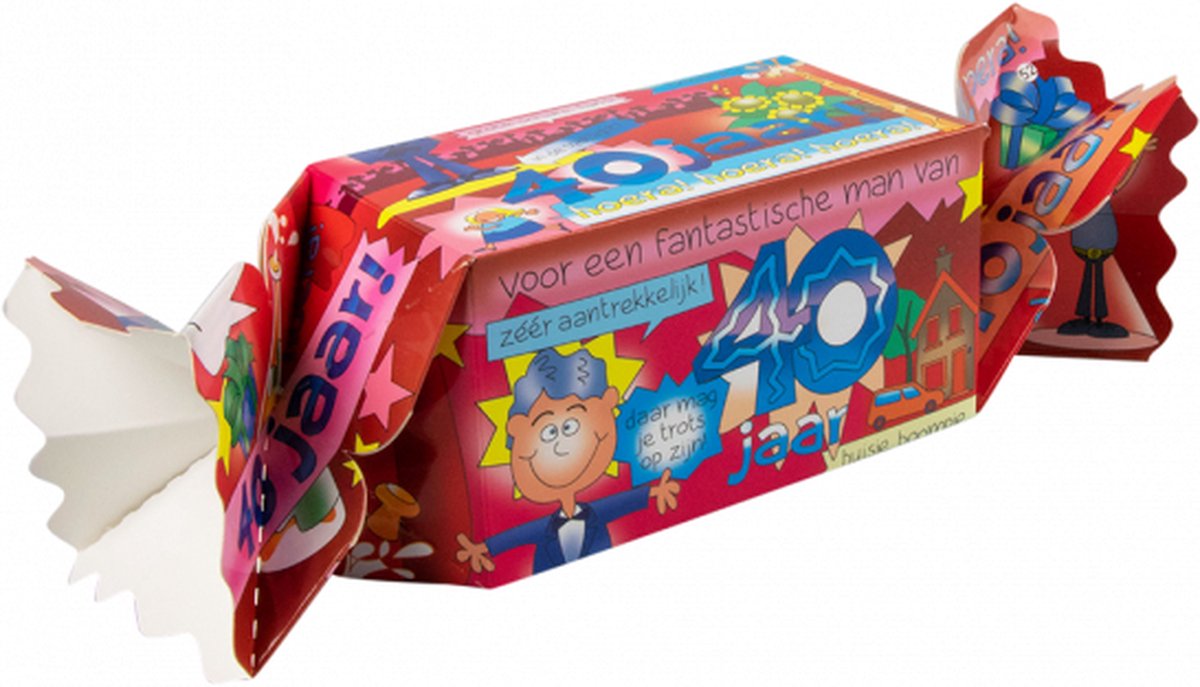 Snoeptoffee - 40 jaar Man - Gevuld met luxe verpakte toffees - In cadeauverpakking met gekleurd lint