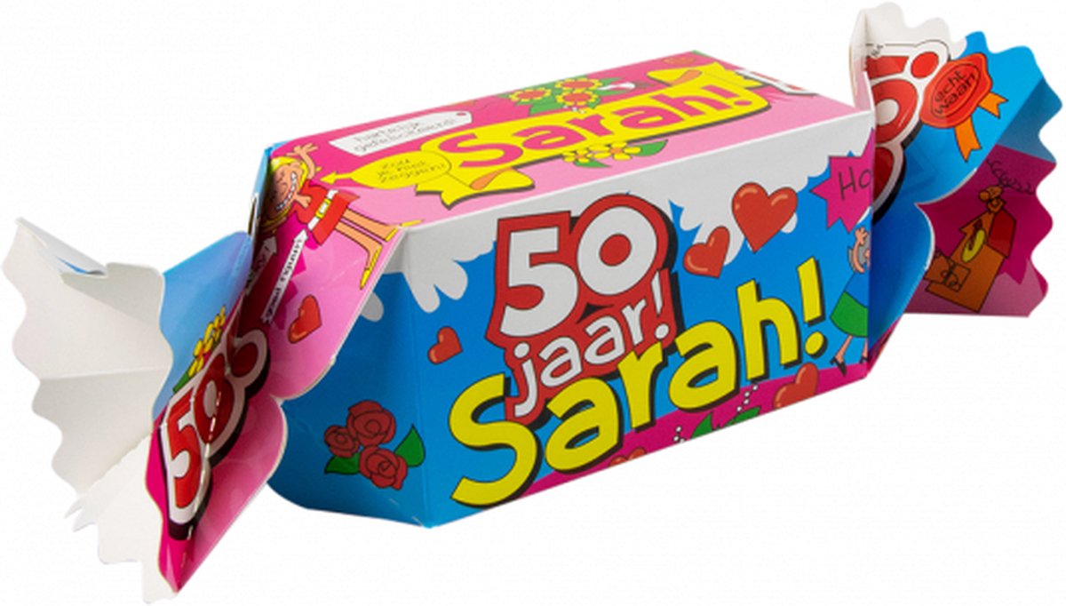 Snoeptoffee - 50 jaar - Sarah - Gevuld met luxe verpakte toffees - In cadeauverpakking met gekleurd lint
