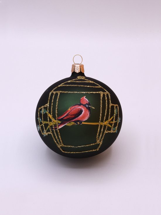 Groene Kerstballen met Rode Vogel en Gouden glitter decoratie doosje