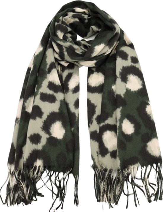 Dames warme lange sjaal met panterprint donkergroen/groen