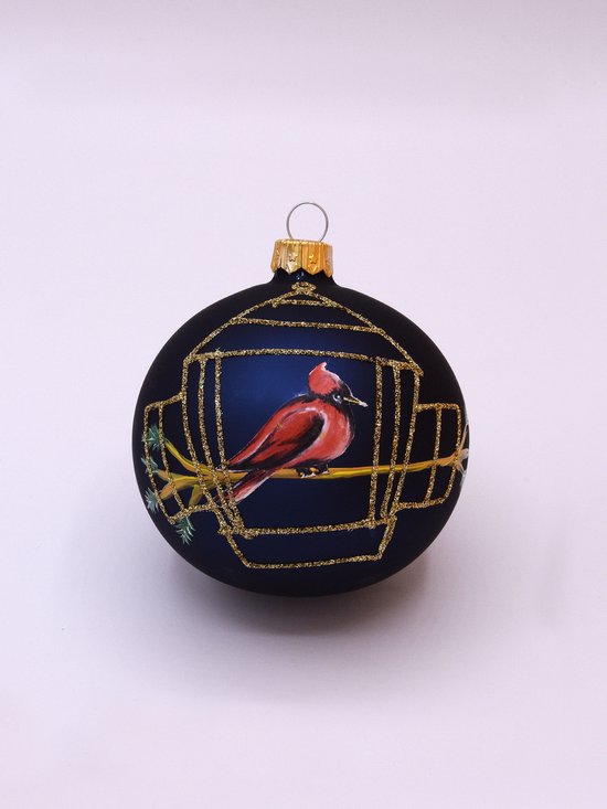 Donkerblauwe Kerstballen met Rode Vogel en Gouden glitter decoratie