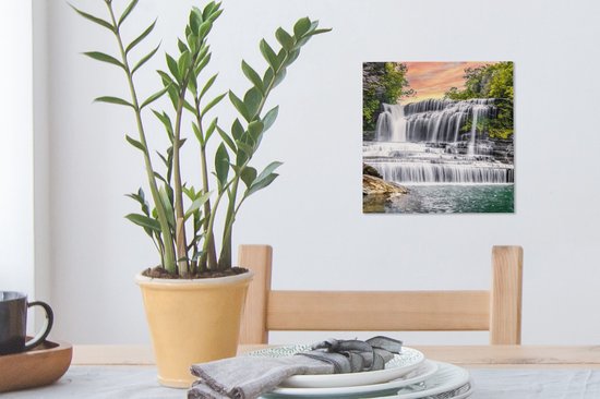 Peinture sur toile - Cascade - Arbre - Plantes - Rocher - Peintures salon - Chambre - Tableaux sur toile nature - Décoration murale - 20x20 cm