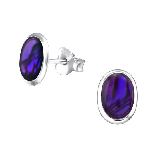 Joy|S - Zilveren ovaal oorbellen - abalone donker paars - 6 x 9 mm - oorknoppen