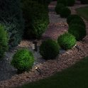 Zwarte LED-spots die een tuin met struiken en grind 's avonds verlichten.