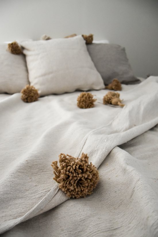 Dekentje - pompom deken creme met beige – Ideaal als sprei voor je bed of deken voor op de bank - 180 x 300cm - Plaid woon- en slaapkamer