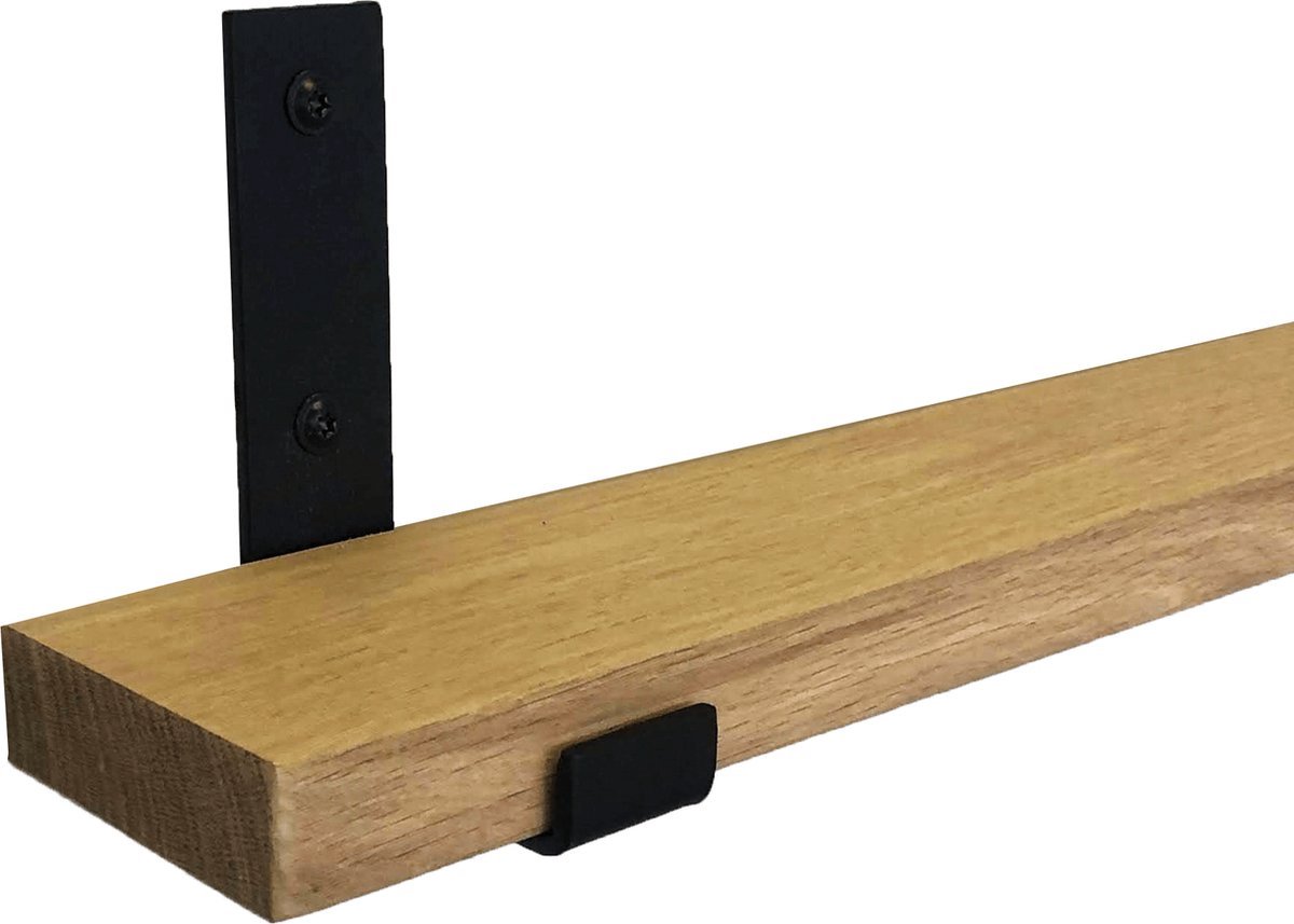 GoudmetHout Wandplank Industrieel - 40 x 10 cm Muurplank - Eiken Hout - Decoratie Wandrek & Boekenrek - Hangplank Keuken - Wall Shelf + 2 Mat Zwarte Plankdragers van Staal Licht eiken, Mat Zwart - 10 cm
