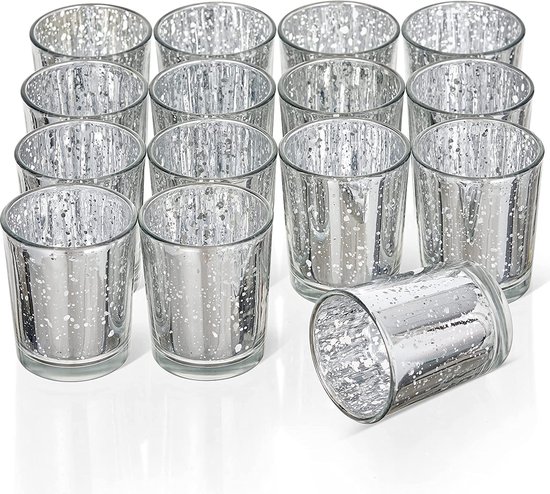 THE TWIDDLERS 15 glazen theelichthouders, 6,8 cm, gevlekte zilveren kandelaar, tafeldecoratie voor bruiloften, Kerstmis, Valentijnsdag en feesten