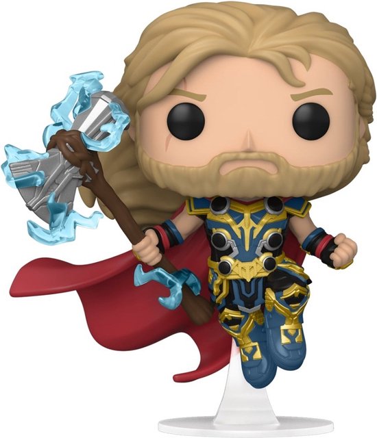 Funko Pop Thor met blonde haren, baard, rood cape en blauw-gouden pantser, met Mjolnir in zijn hand.
