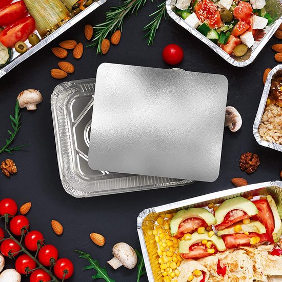 Matana – 20 Aluminium Bakjes met Deksel, 32x26x4,5cm – Ovenbestendig – Wegwerp – Voor BBQ, Bakken & Catering