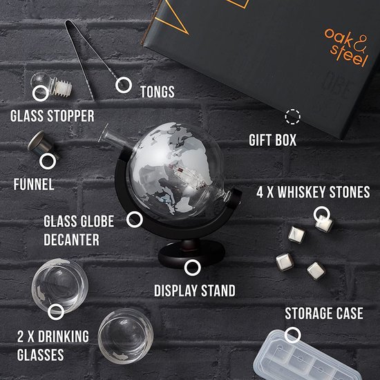 Oak & Steel - Globe Whisky Decanter, Whiskey Decanter (1500ml) with 2 Whisky Glasses, 4 Stainless Steel Whisky Stones, 1 Ice Bar & More - Birthday and Valentine Gift for Men
