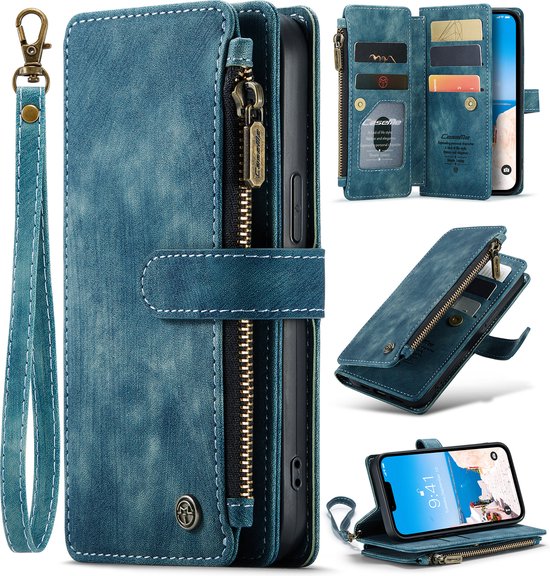 CaseMe - Telefoonhoesje geschikt voor Apple iPhone 14 Plus - Wallet Book Case met ritssluiting - Magneetsluiting - Blauw