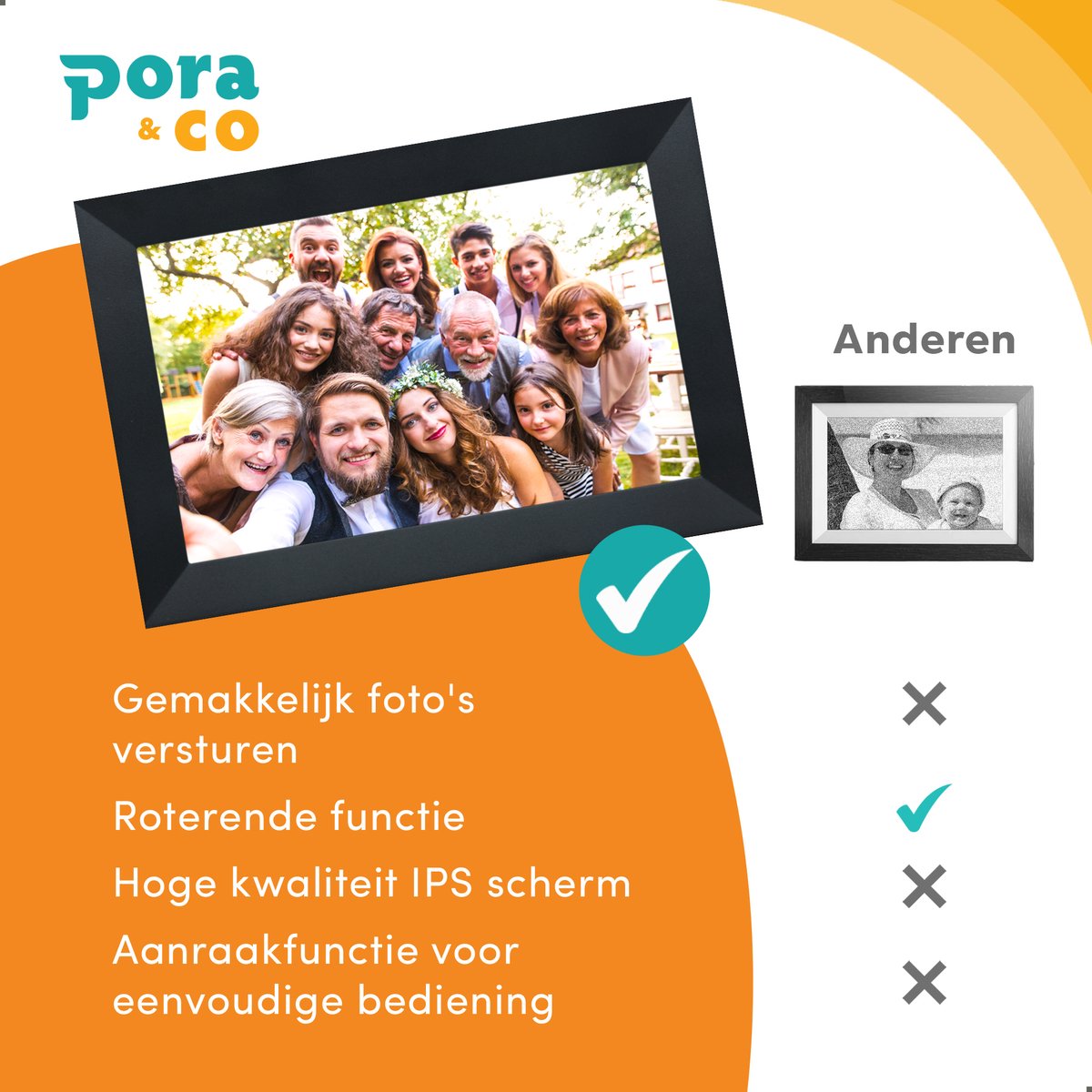 Pora&Co - Digitale fotolijst met WiFi en Frameo App – Fotokader - 10 inch – HD -IPS Display – Zwart - Micro SD - Touchscreen thumbnail 3