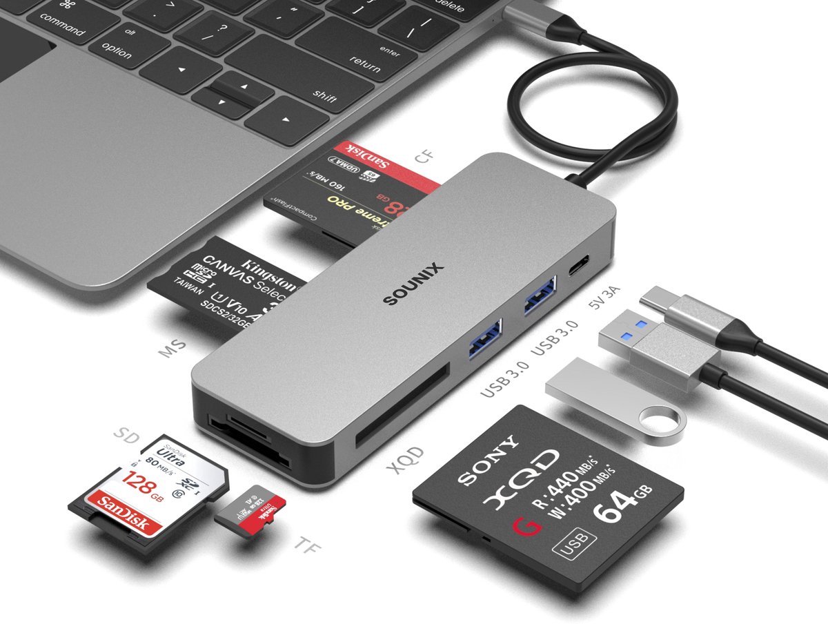 Sounix SD kaartlezer - 8 in 1 - USB C Cardreader - CF/SD/SDHC,TF/Micro SD/MS, XQD - 2 x USB 3.0 - Grijs - Sounix