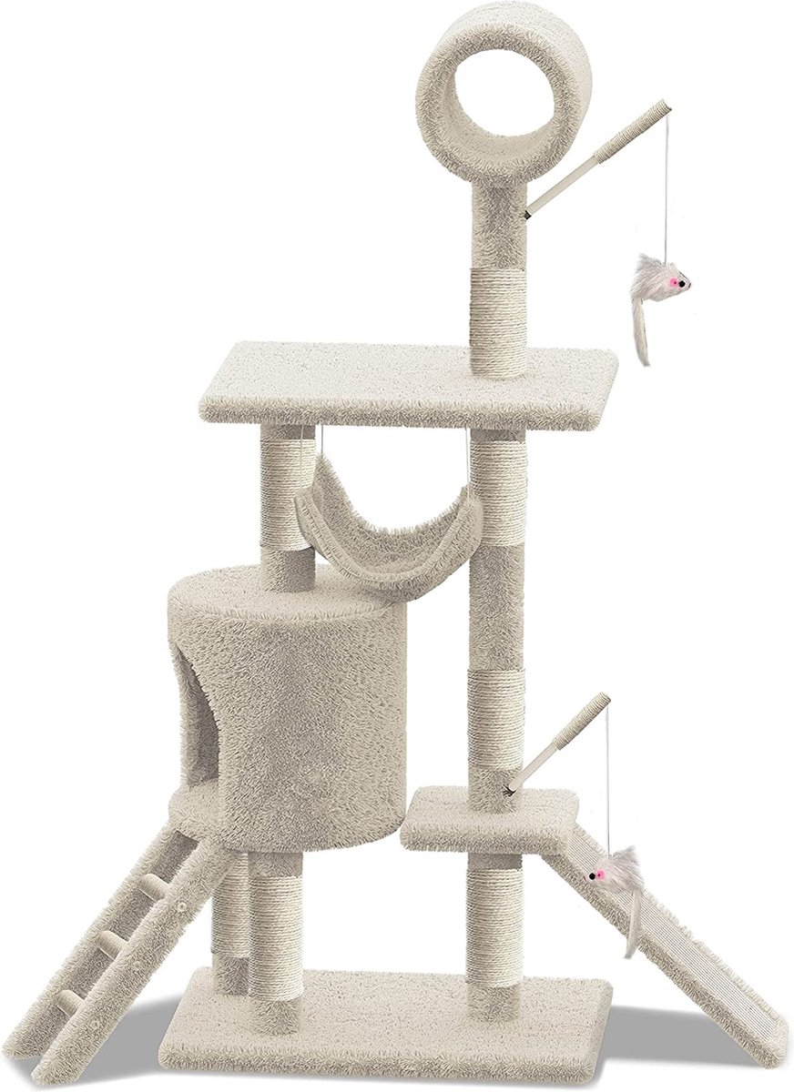 VOUNOT Krabpaal voor katten, groot, met krabpaal, XXL, voor katten, activiteitencentrum, met hol en platforms voor kinderen, hoogte 154 cm, beige