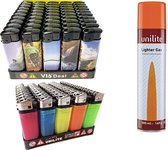 Mélange de 100 briquets - briquet à cendres rechargeable et silex + 1 bouteille de gaz