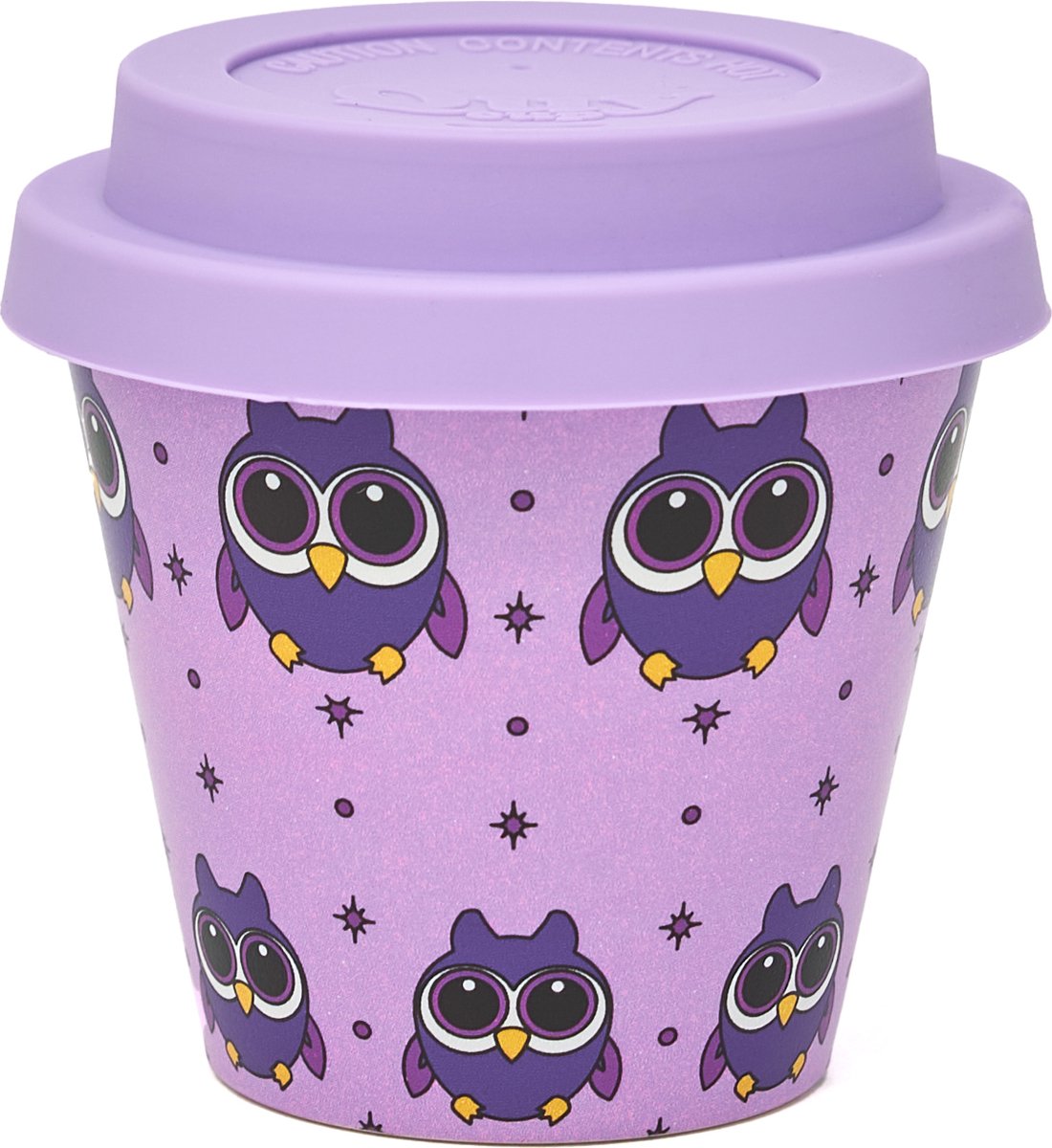 Quy Cup - 90ml Ecologische Reis Beker - Espressobeker “Owl” met Purple Siliconen deksel