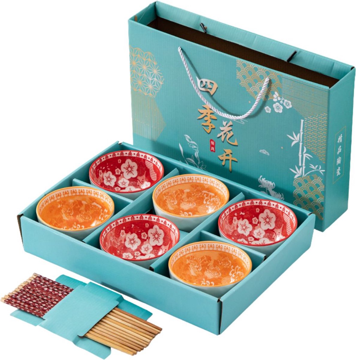 Serviesset met 6 kommen & eetstokjes - Set Chinese rijstkommen schaaltjes oranje/rood Aardewerk