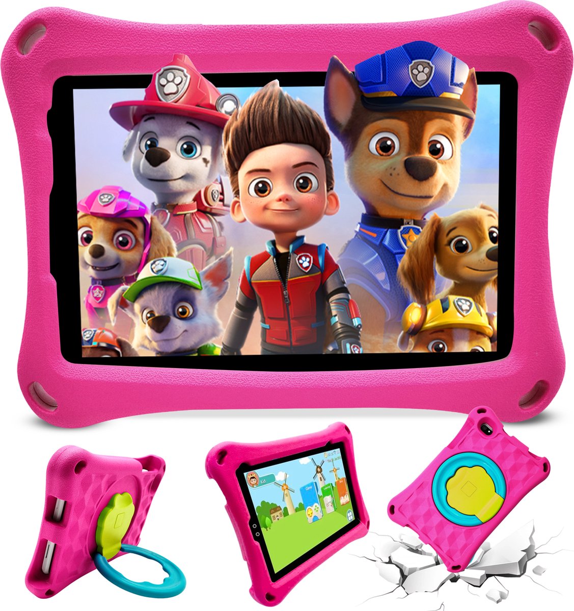 KiddiQ® Kids tablet 7 Inch – Kindertablet - Android 11 - 3500 Mah batterij - Kinderlaptop 32GB - Inclusief kidsproof hoes - Roze - KiddIQ