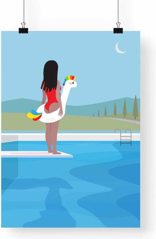 Poster 'Duikplank' - A3 formaat - duiker illustratie | Meisje staat klaar om in het zwembad te springen met haar opblaasbare eenhoorn zwemband