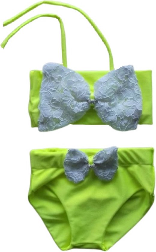 Bikini zwemkleding Fluor Neon Geel strik van kant badkleding voor baby en kind Fel Gele zwem kleding