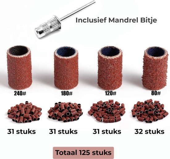 Foto: Foocca nagelfrees schuurrolletjes mix set 80 120 180 240 grit grofheid inclusief mandrel bitje 125 stuks