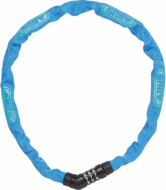 Blauw kettingslot met ABUS logo's en een cijferslot. Het cijferslot heeft de cijfers 6, 7, 8.