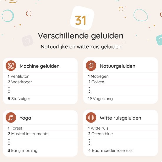 Lijst met 31 geluiden voor de Numsy Touch machine, inclusief natuurgeluiden.