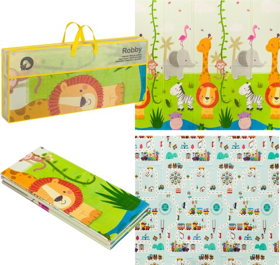 Dubbelzijdig speelkleed met dieren en treinbaan. Inclusief opbergtas en gevouwen kleed.