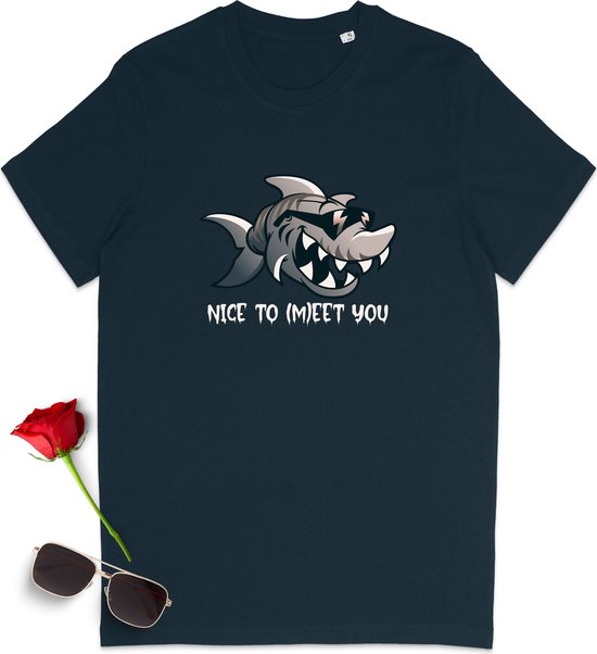 T-shirt rigolo avec imprimé requin et texte - Tshirt homme et femme - T-shirt Nice to meet you mesdames et messieurs - Tailles unisexe : S à 3XL - Couleurs chemise : noir et Frence Navy.