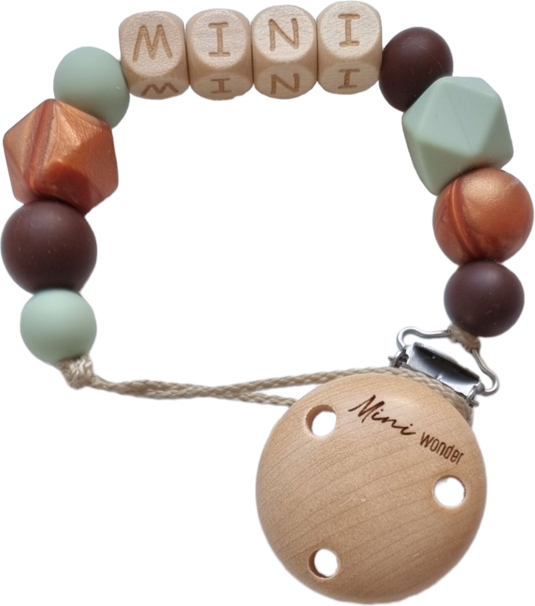 Goedkoopste MINIWONDER speenkoord - Gepersonaliseerd met naam - oudmint/ bruin/ parelmoer koper