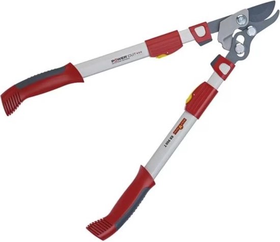 Takkenschaar met rode, grijze en zilveren handgrepen en zilverkleurige messen, open.