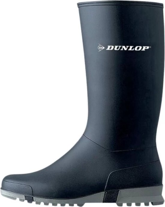 Donkerblauwe Dunlop regenlaars met grijze zool en Dunlop logo.