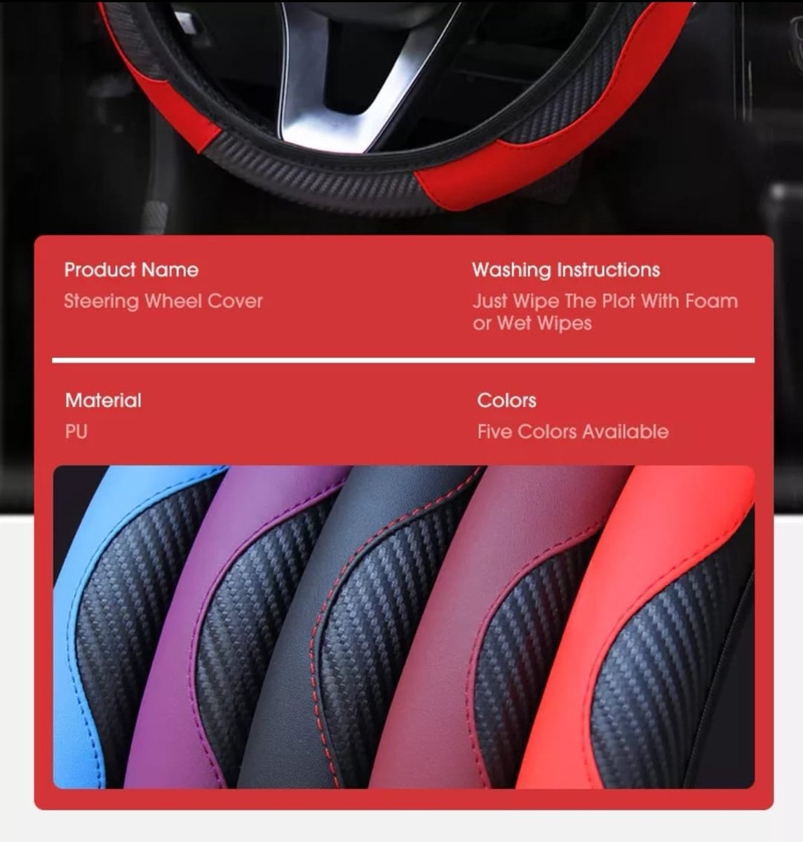 Auto Stuurhoes Ademende Anti Slip Pu Lederen Steering Covers Geschikt 37-38Cm Auto Decoratie Koolstofvezel – foto 3
