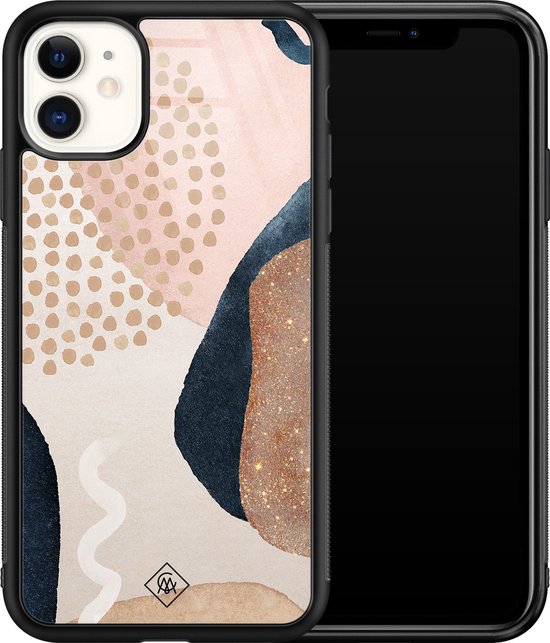 Coque iPhone 11 en verre - Pois abstraits - Marron/beige - Hard Case Zwart - Coque arrière pour téléphone - Motif géométrique - Casimoda