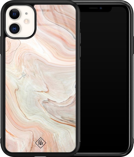 Casimoda® hoesje - Geschikt voor iPhone 11 - Marmer Waves - Luxe Hard Case Zwart - Backcover telefoonhoesje - Bruin/beige