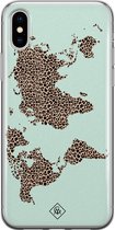 Casimoda® hoesje - Geschikt voor iPhone Xs - Wereldkaart blauw luipaard - Siliconen/TPU telefoonhoesje - Backcover - Natuur - Multi