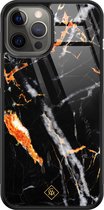Casimoda® hoesje - Geschikt voor iPhone 12 Pro Max - Marmer Zwart Oranje - Luxe Hard Case Zwart - Backcover telefoonhoesje - Zwart