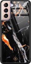 Casimoda® hoesje - Geschikt voor Samsung Galaxy S21 Plus - Marmer Zwart Oranje - Luxe Hard Case Zwart - Backcover telefoonhoesje - Multi
