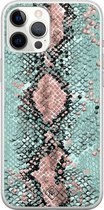 Casimoda® hoesje - Geschikt voor iPhone 12 Pro Max - Slangenprint pastel mint - Siliconen/TPU telefoonhoesje - Backcover - Slangenprint - Mint
